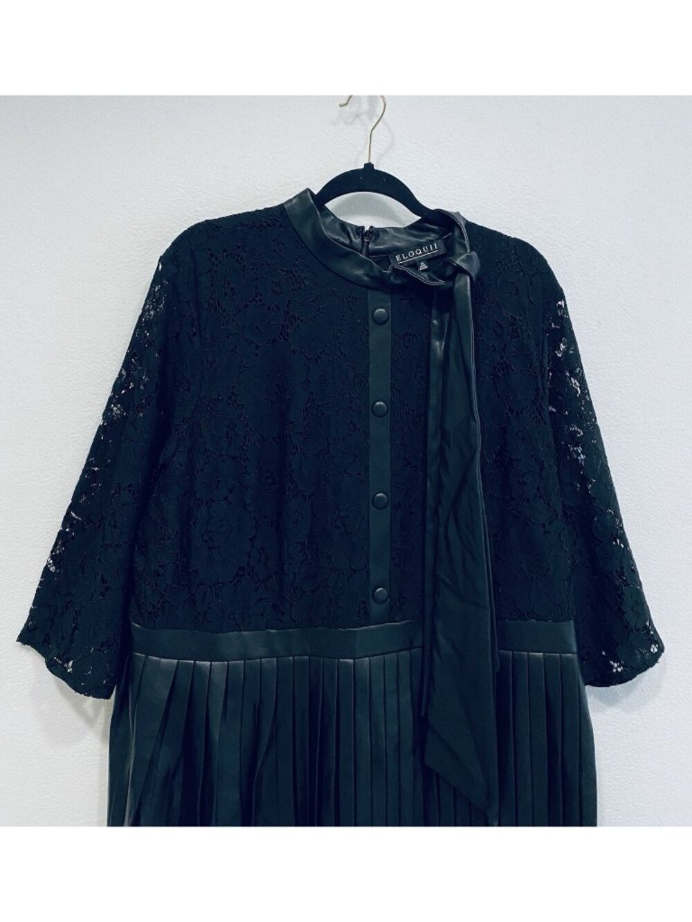 Eloquii Dress Womens 20 Black Lace Faux Leather Pleated Bow Whimsigoth Holiday - Picture 3 of 8
